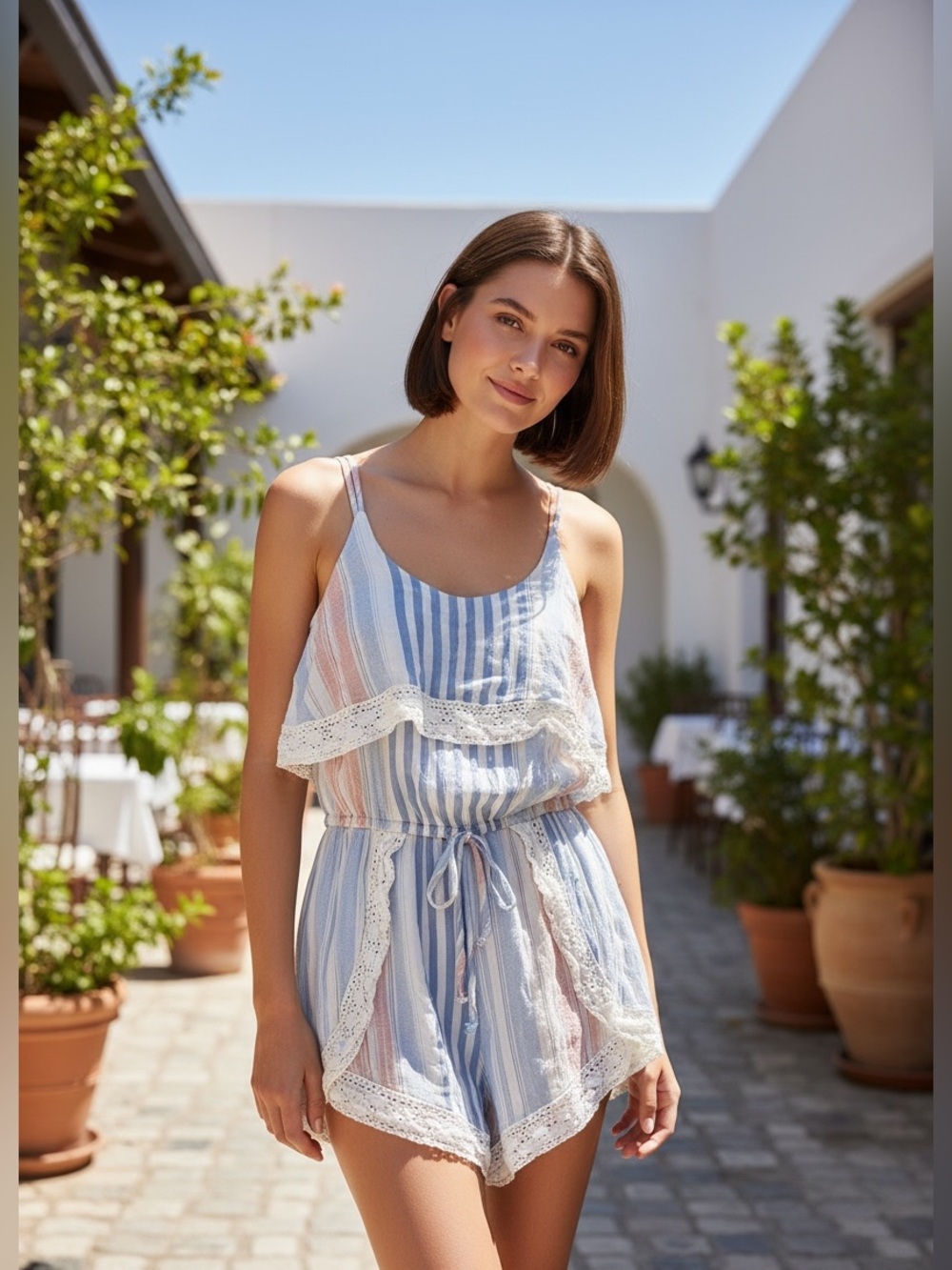 Ocean Drive Pink & Blue Striped Crochet Ruffle Sleeveless Romper Size M